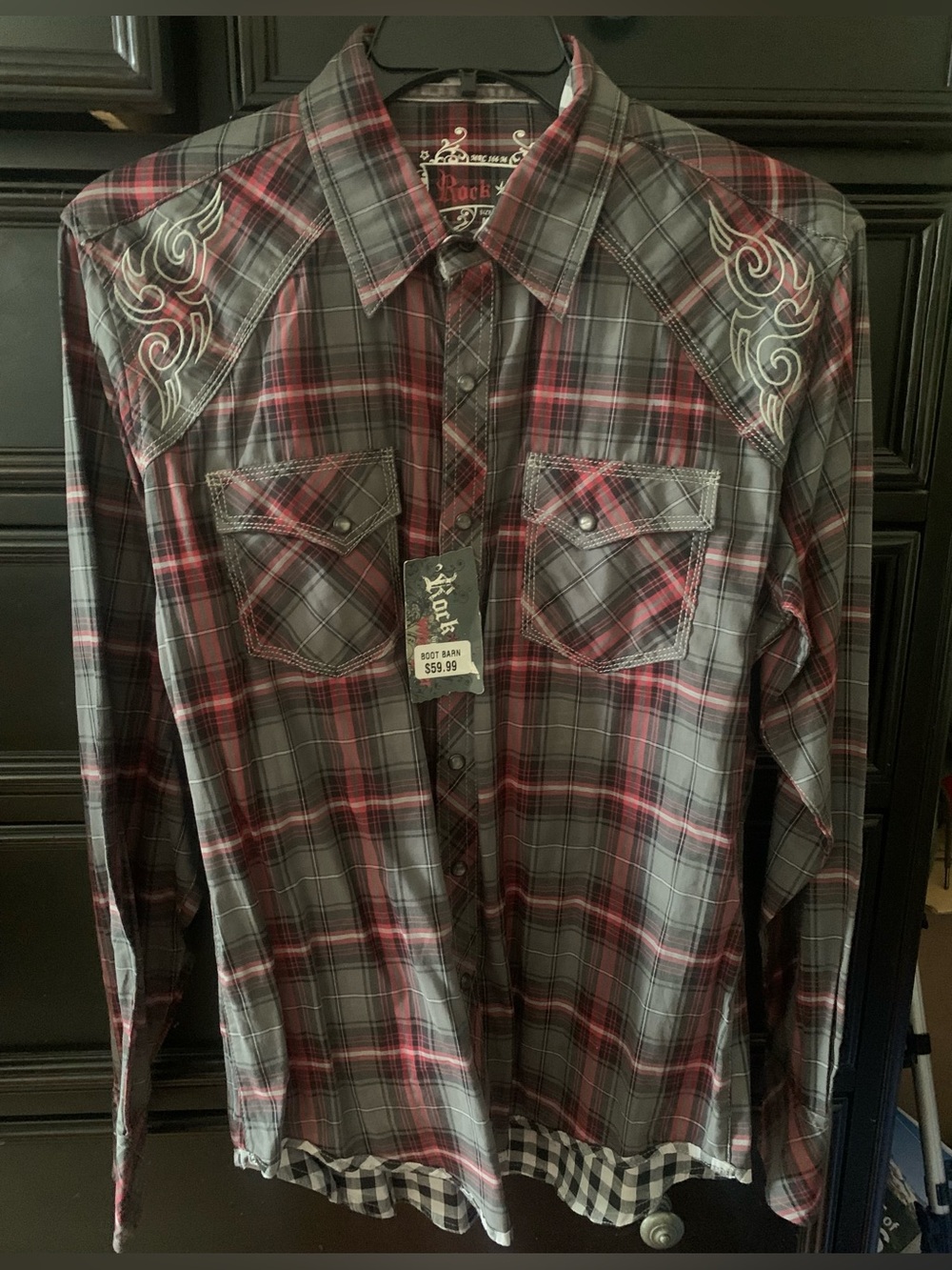 Men’s Plaid Western Shirt in Red & Gray with Embroidered Yoke